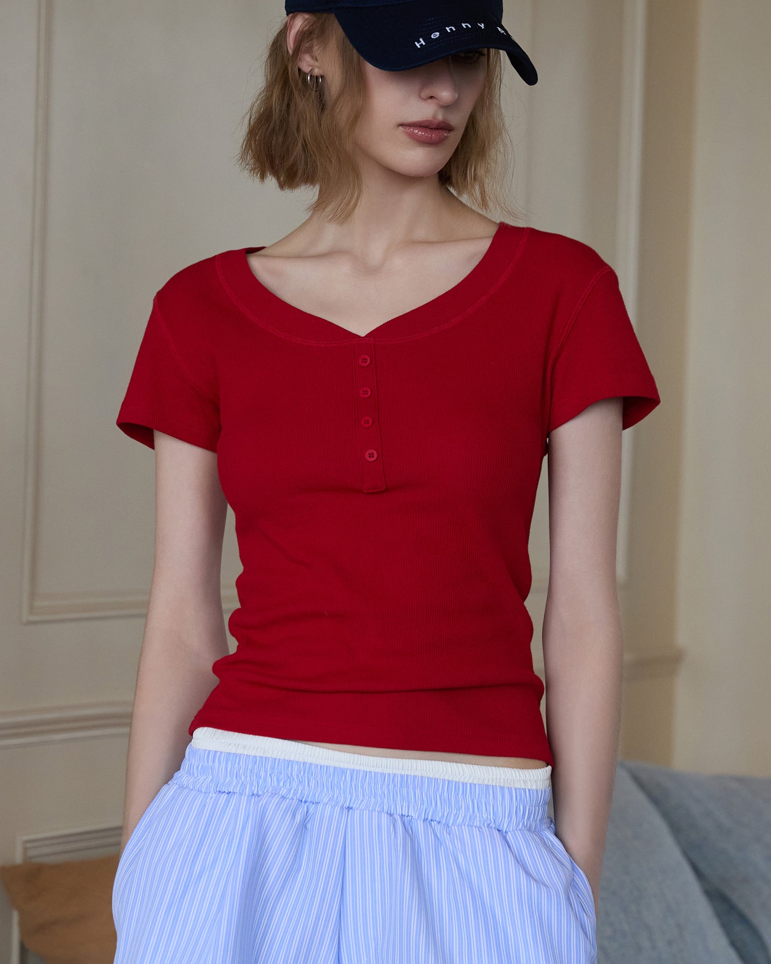 Women's V-Neck Button T-Shirt