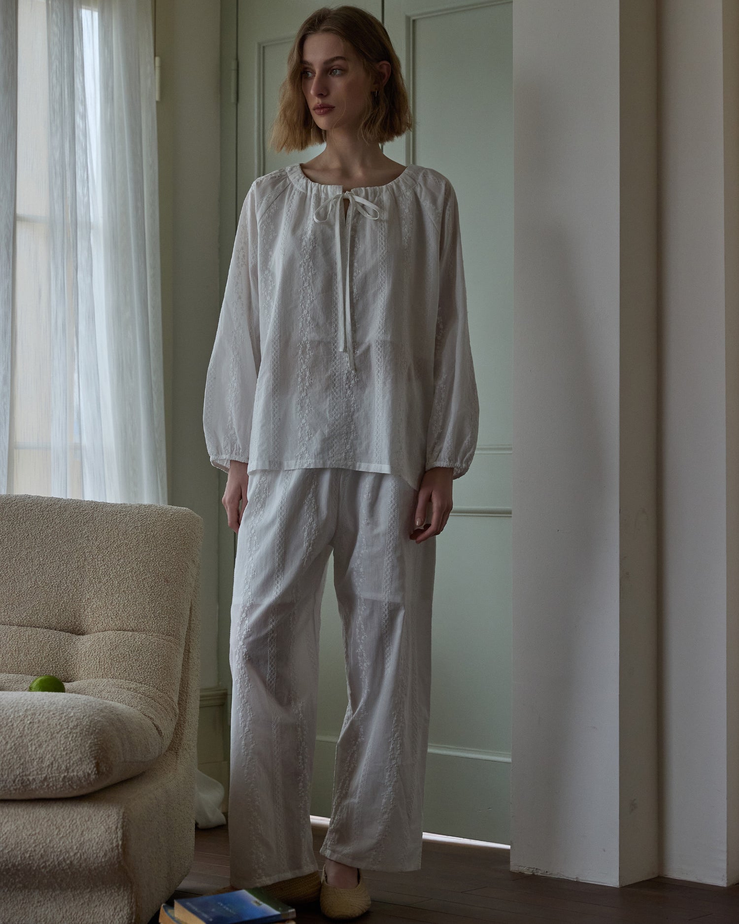 Women's Embroidered Cotton Loungewear Set with Padded Cups