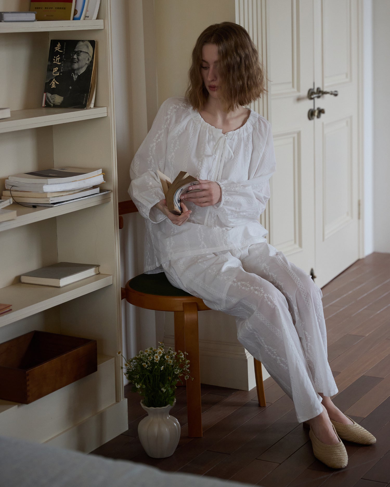 Women's Embroidered Cotton Loungewear Set with Padded Cups