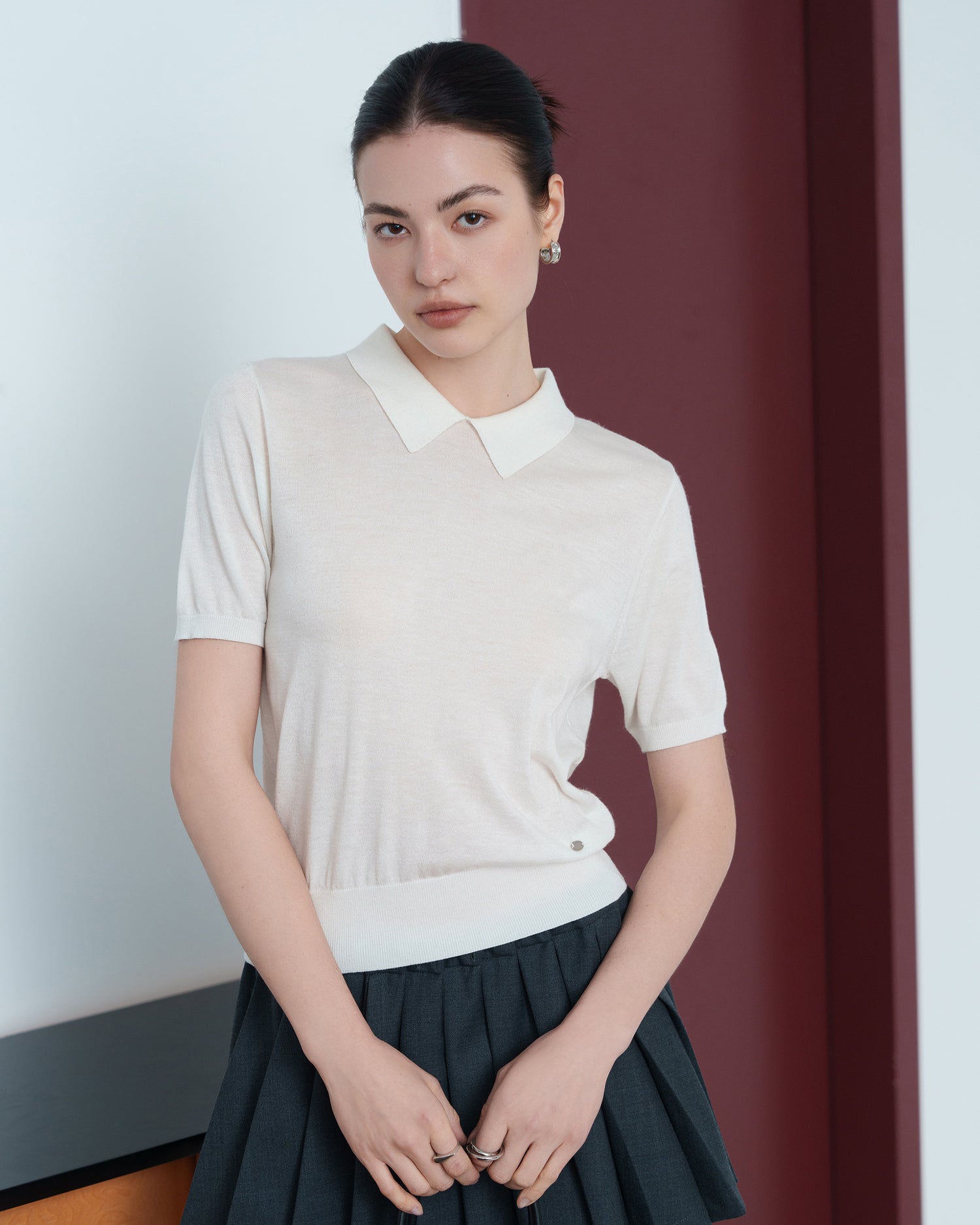 Silk Wool Blend Lightweight Polo Knit T-Shirt