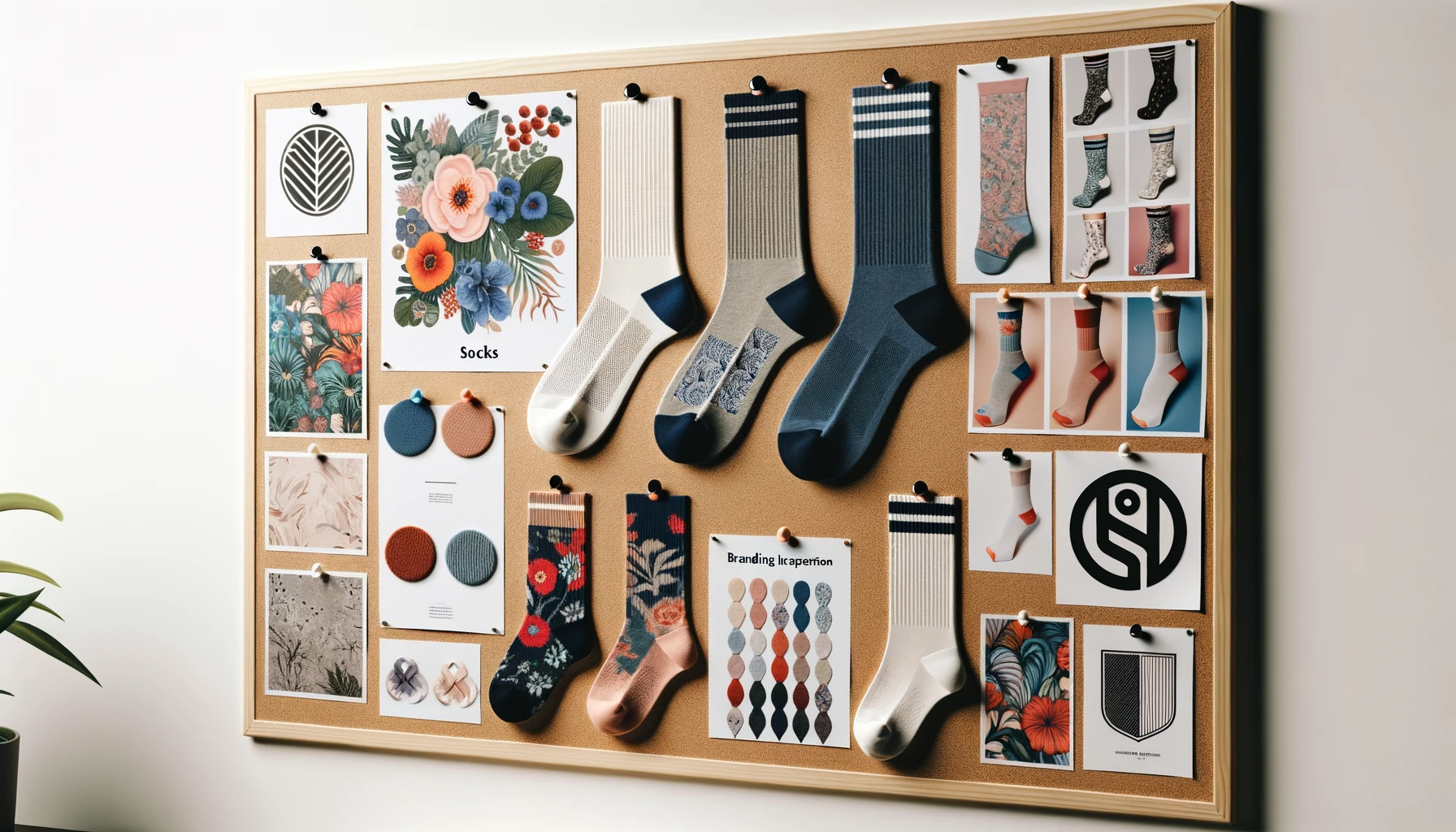 A collage of sample socks, design inspirations, and logos.